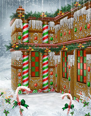 Domek z piernika z dekoracjami świątecznymi - obrazy, fototapety, plakaty