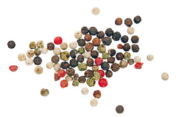 Assorted peppercorns, red, white, black and green, isolated