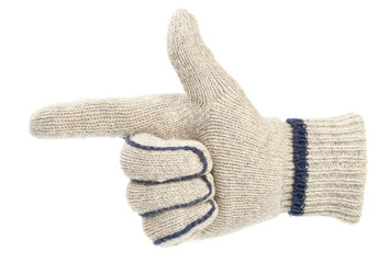 Gun gesture made with a knit glove isolated on white