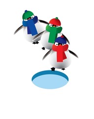 Playful penguins having their first dive