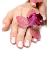Beautiful hand with perfect nail pink manicure and purple orchid - 27200685