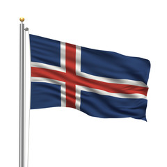 Flag of Iceland waving in the wind in front of white background