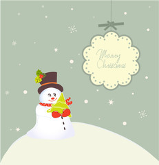 whimsical christmas card with cute snowman and banner