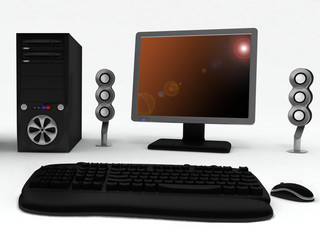 Black computer with speakers and mouse on a white background
