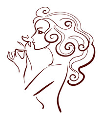 Beautiful woman with flower, linear illustration