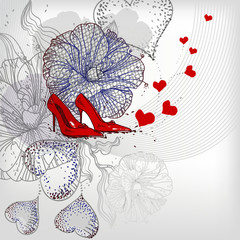 vector background with a red shoes , flowers and hearts - 27206077