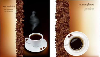 Two designs with cup of coffee and coffee grains. Vector.
