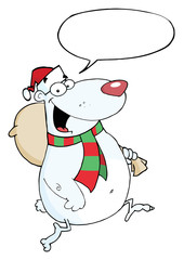Christmas Bear Runs With Bag And Speech Bubble