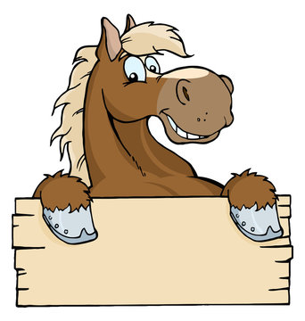 Happy Cartoon Horse With A Blank Sign