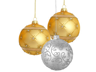 Christmas tree ornaments hanging, on white background