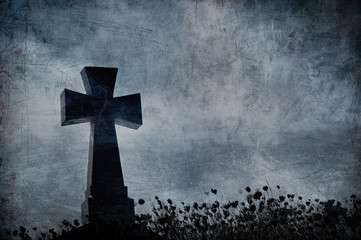 Grunge image of a cross in the cemetery, perfect halloween backg