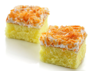 slices of fresh cake on a white background