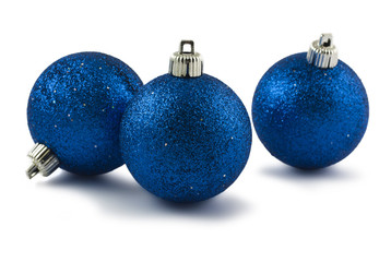 Three blue Christmas baubles