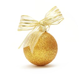 golden christmas decoration with golden ribbon isolated on white