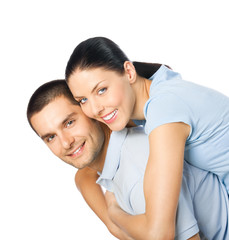 Portrait of young happy smiling attractive couple, isolated