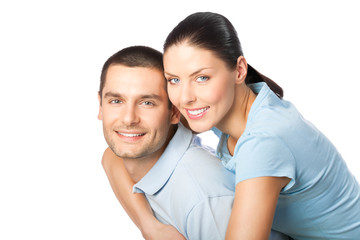Portrait of young happy smiling attractive couple, isolated