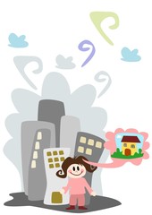 Illustration: Mädchen in grauer Stadt denkt ans Landleben