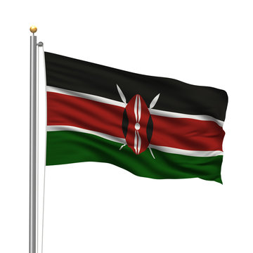 Flag of Kenya waving in the wind in front of white background