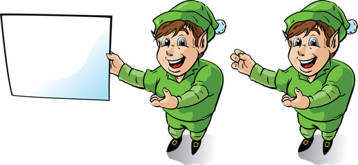 Happy Elf showing something or showing a sign