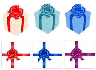 Colored gift boxes and ribbon . Photo-realistic vector.