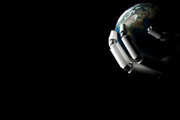 Cyborg hand shows the earth