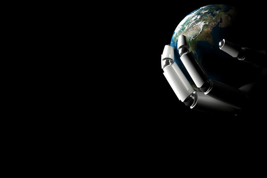Fototapeta Cyborg hand shows the earth