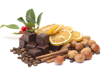 chocolate, coffee beans, cinnamon, orange