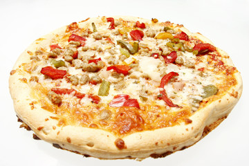 Sausage pizza with bell peppers and onions