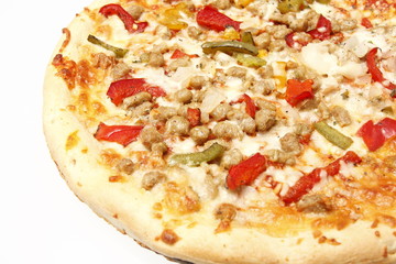 Sausage pizza with bell peppers and onions.