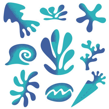 Set of styled sea plants and animals