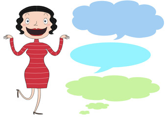 A lady talking or thinking with speech bubbles