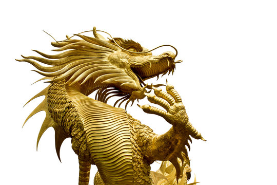 Colorful Golden dragon statue on white background