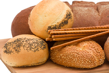 large variety of bread, still life on white background