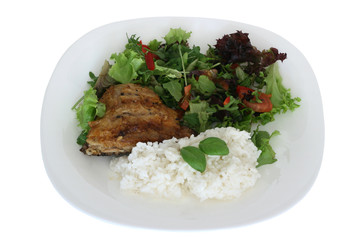 fried chicken with rice and salad