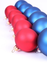 Blue and red matt christmas balls-background with text space