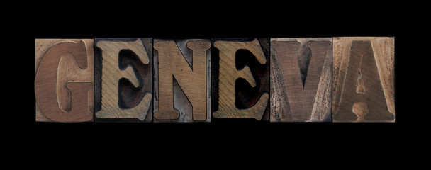 the word Geneva in old letterpress wood type