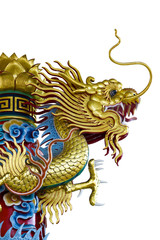 Golden dragon statue on white background
