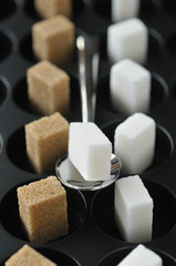 Lignes de morceaux de sucre roux et morceaux de sucre blanc