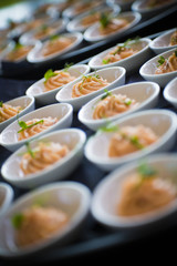 A plate filled with apetizers of salmon mousse