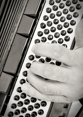 Close-up of a young man's hands playing an accordion