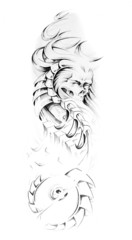 Sketch of tattoo art, animal monster and machine