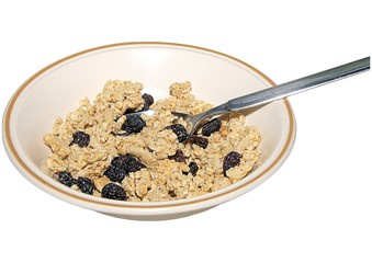 Bowl & spoon with dry muesli on white background