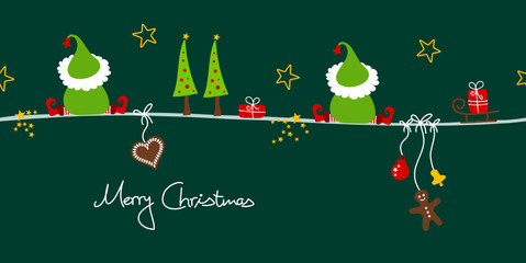 2 Christmas Elves & Symbols Green - obrazy, fototapety, plakaty
