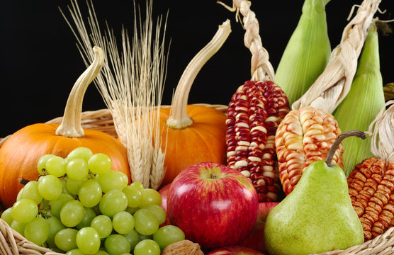 An autumn basket with apple, pear, grapes, corn and pumpkins