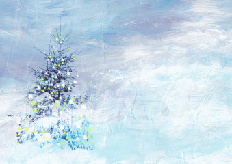 Christmas winter landscape. Collage of painting and photography.