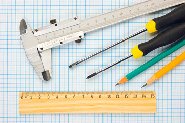 calipers, bearing and square