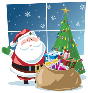 Santa Claus by Christmas tree with sack full of gifts