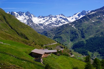 Fototapeta na wymiar Alm mit Stubaier Alpen