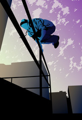 A young man is jumping over the metal railing