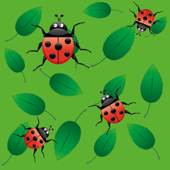 Cute ladybug on green pulpy leaves, seamless